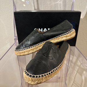 Chanel CC Lambskin Black Espadrilles Women's Size 38
